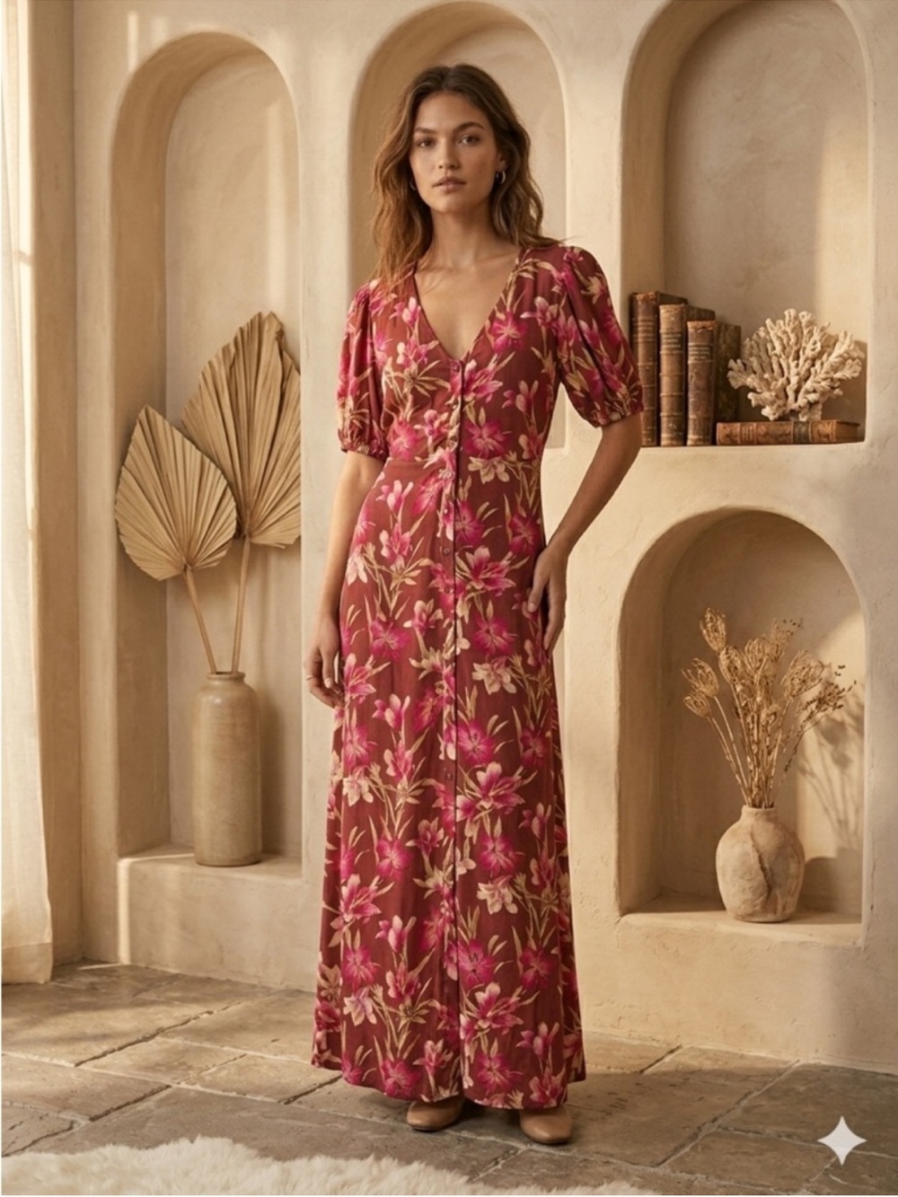 Faherty Brown Maxi Dress with Pink Floral Print